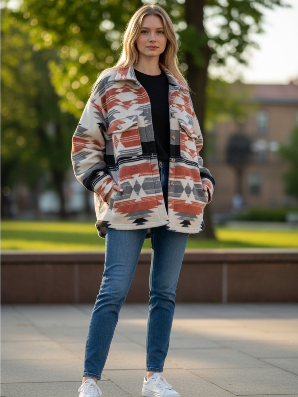 Lg Blue BWomen's Patterned Jacket - Orange, Black, White